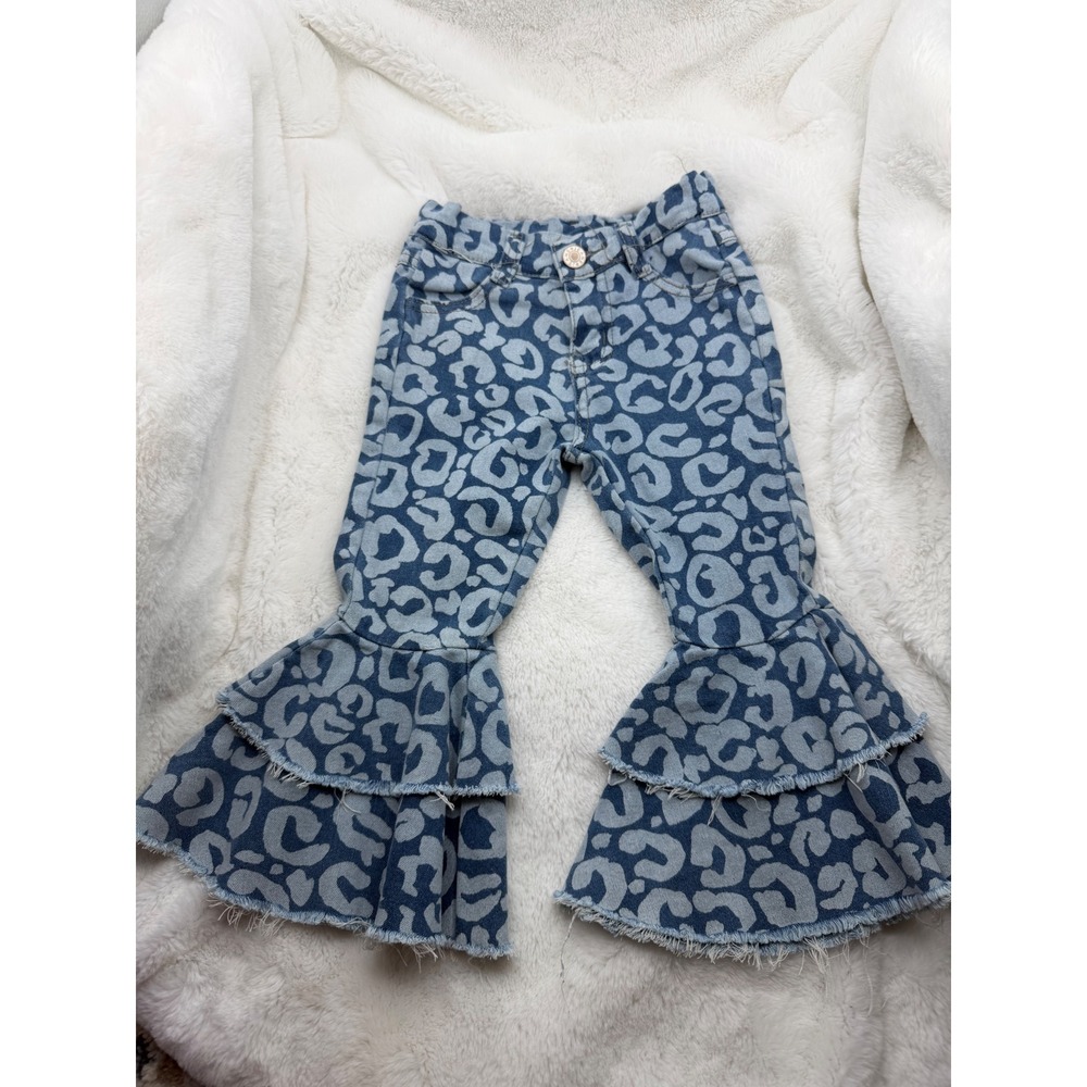 Blue Leopard Print Bell Bottom Ruffle Jeans Toddler Girls 12-18 Months Flare